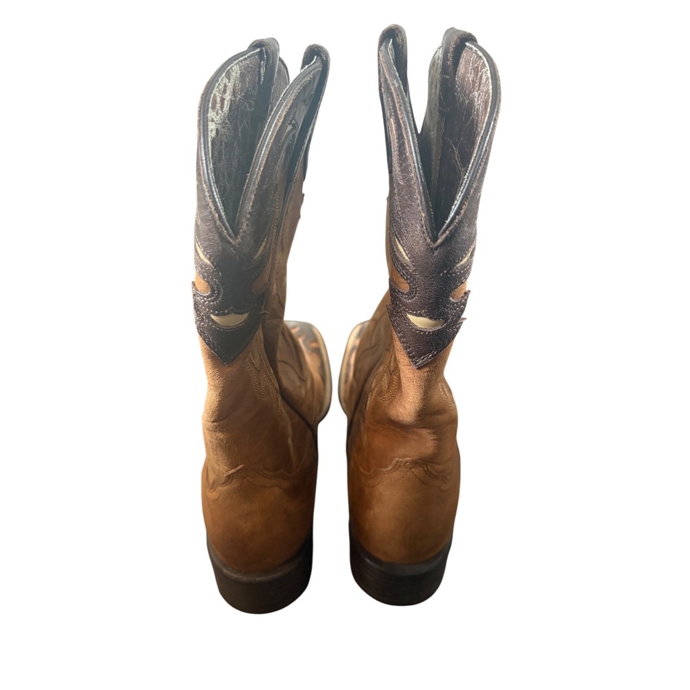 Ariat Brown Leather Square Toe Western Cowboy Boots Flame Overlay Stitching - Picture 3 of 9